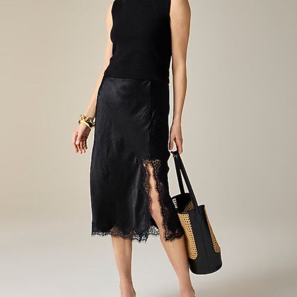 J. Crew Dresses & Skirts - NWT J. Crew Gwyneth lace-trim slip skirt in textured satin black sz S